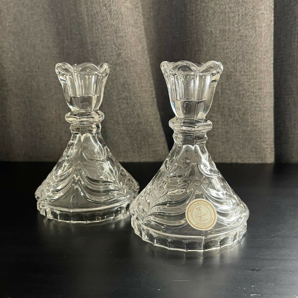 Vintage Anne Hutte German 24% Leaded Crystal Clear Candle Holders Set of 2
